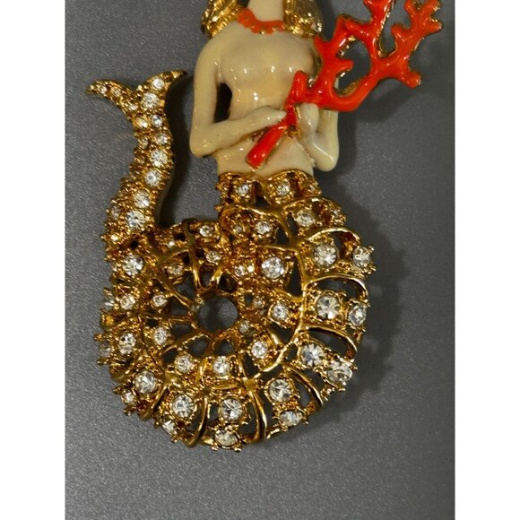 Hutton Wilkinson Mermaid Brooch Swarovski Crystal Red Coral Crown 3" 1990s Signe - Picture 4 of 10